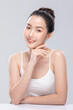 © 220 Selfmade studio - Beautiful Asian woman looking at camera smile with clean and fresh skin Happiness and cheerful with positive emotional,isolated on white background. Beauty and Cosmetics Concept. Proud her self.