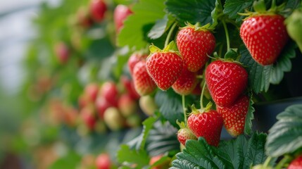 Wall Mural - Strawberry berries flourishing in a vertical hydroponic system in greenhouse. Agricultural Greenhous with hydroponic shelving system, banner.