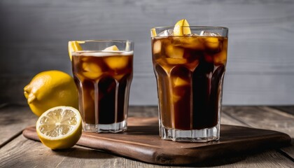 Canvas Print - Two glasses of iced tea with lemon slices on a wooden tray