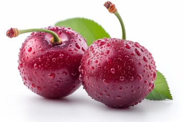 Aufkleber - A close-up of two cherries with water droplets, showcasing their vibrant colors and freshness.