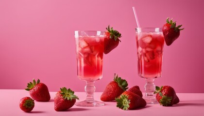 Sticker - Two glasses of strawberry lemonade with strawberries on a pink table