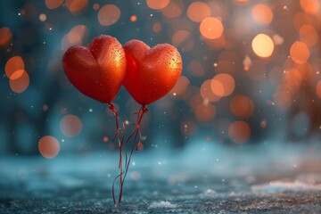 Wall Mural - Two red heart-shaped balloons sitting on top of a snow