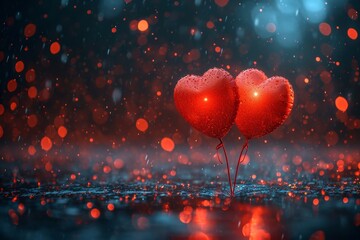 Canvas Print - Two red heart shaped balloons rest on top of a wet ground.