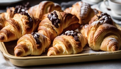 Wall Mural - A tray of croissants with chocolate and powdered sugar