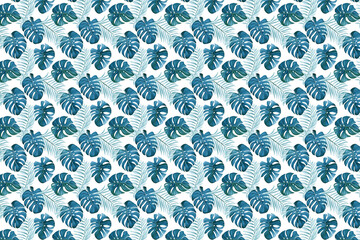  seamless pattern with blue green tropical monstera or palm tree  leaves on white background. Hawaiian shirt, summer t-shirt, fabric and textile print.