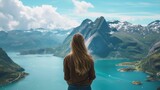 Fototapeta Most - A young woman stands with her back and admires the view of snowy mountains and lake. A traveler traveling on vacation in the most beautiful place in the world. Winter vacation