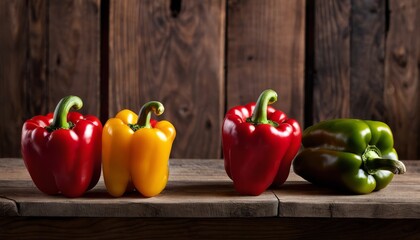 Canvas Print - Four peppers of different colors are lined up on a table