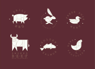 Wall Mural - Animal labels in art deco linear style with lettering grill bbq, fresh meat, smoked beef restaurant, golden salmon, farm products drawing on red background