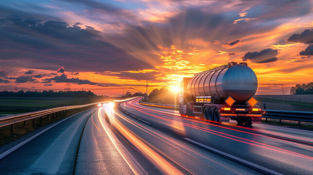 countryside road with a moving large fuel tanker truck.