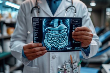 Doctor with bowel and different icons on virtual screen against color background