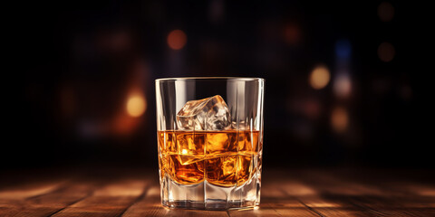 Whiskey glass with ice on wooden table  in bar, dark background