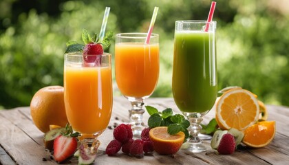 Sticker - Four glasses of juice and fruit on a table