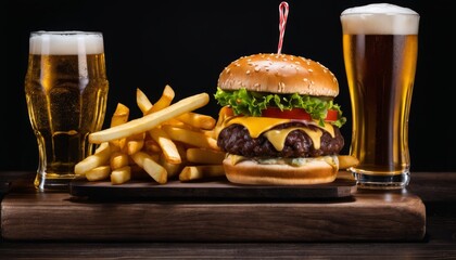 Canvas Print - A burger and fries with a beer