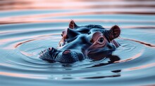 A Hippopotamus Swimming In The Water With It's Head Sticking Out Of It's Mouth.