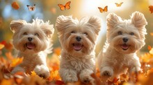 A Group Of Three Small White Dogs Sitting On Top Of A Pile Of Leaves With A Butterfly Flying Above Them.