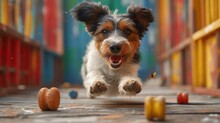 A Small Brown And White Dog Running Across A Wooden Floor Next To A Pile Of Colorful Balls And A Wooden Fence.