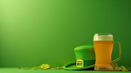 st patrick's day simple minimalist design background. illustration of large beer glass and leprechaun top hat on a gold coins.