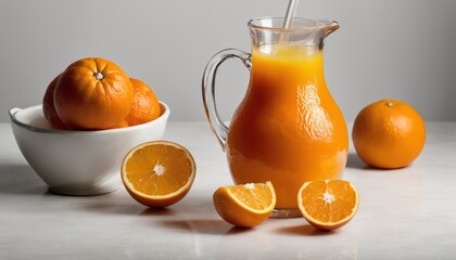 Wall Mural - A glass jug of orange juice and oranges on a table