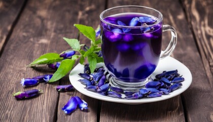 Canvas Print - A glass of purple liquid with purple flowers on a wooden table