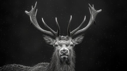 Wall Mural - a black and white photo of a deer with very large antlers on it's head and long horns.