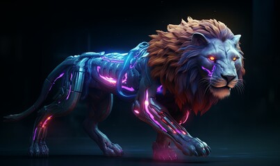Mechanical lion in glowing neon wires background. Cyber 3d robot lew with glowing digital mane in dark and lines in circuit boards on skin