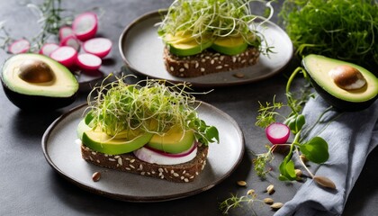 Two plates of food with avocado and sprouts