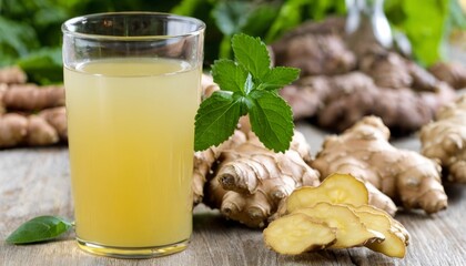 Wall Mural - A glass of juice with a slice of ginger