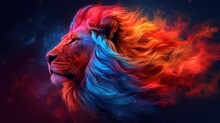 A Close Up Of A Lion's Face With Red, Blue, And Orange Smoke Coming Out Of It.