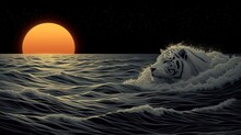 A Painting Of A White Tiger Swimming In A Body Of Water With The Sun Setting In The Sky Behind It.
