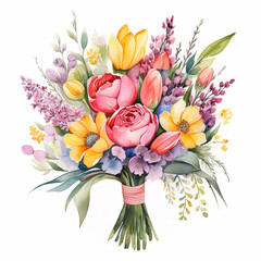 Sticker - spring bouquet in hands watercolor naive style on white background