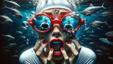 The Picture Shows A Woman Underwater, Surprised, With Sharks Behind Her, Bubbles Around Her, Wearing Red Glasses That Show The Approaching Danger.Danger Concept.AI Generated.