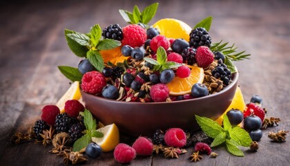 Sticker - A bowl of fruit with berries, oranges, and mint