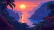 a painting of a sunset over a body of water with a boat in the middle of the water and palm trees in the foreground.