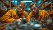 Two mature, attractive men mechanics in uniform are utilising a machine to fix or replace automotive parts, and their cooperative efforts are greatly appreciated.