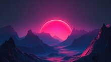 futuristic extraterrestrial mountains under a glowing pink moon