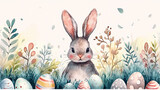 Fototapeta Dziecięca - easter theme background, beautiful watercolor design with eggs and bunny and leaves
