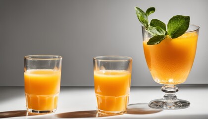 Poster - Three glasses of orange juice with a leaf on top