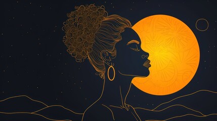 Sticker - a drawing of a woman's face in front of a full moon with her hair blowing in the wind.