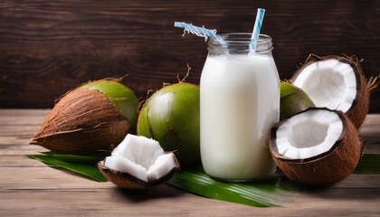 Wall Mural - A glass of milk with a straw and coconut on the table