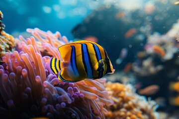 Wall Mural - Royal Angelfish swimming on underwater colorful coral reef background deep in the ocean