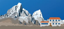 Illustration Of Mounts Cholatse And Tabuche Peak As Seen From The Way To Mount Everest Base Camp And Mountain Lodge, Nepal Himalayas Mountains Vectors Illustration