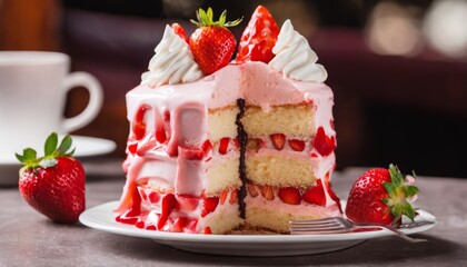 Wall Mural - A slice of strawberry cake with whipped cream on top