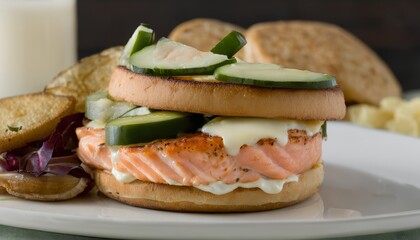 Canvas Print - A sandwich with salmon, cucumbers, and cheese on a white plate