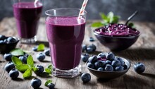 A glass of blueberry smoothie with a straw and a bowl of blueberries