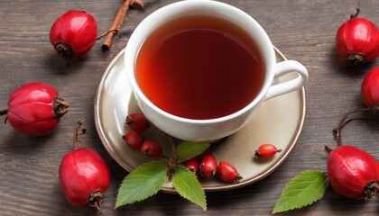 Wall Mural - A cup of tea is served on a saucer with a spoon and a plate of red berries