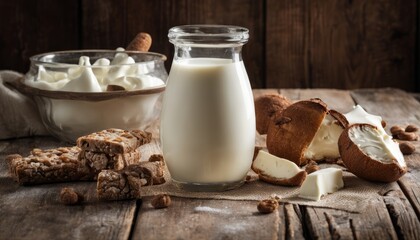 Poster - A glass of milk and a bowl of whipped cream and nuts