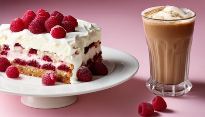 Poster - A plate of raspberry cake with a glass of coffee