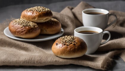 Canvas Print - Two cups of coffee and three rolls on a table