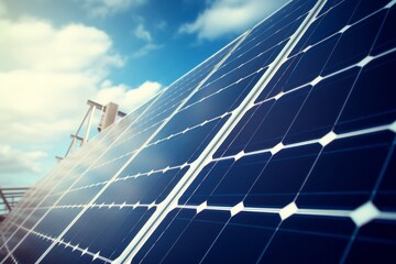 Solar panels against a bright blue sky with clouds, representing renewable energy and sustainability