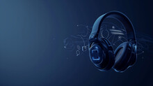 Sleek Headphones with Futuristic Blue Neon Circuit Design on Dark Background